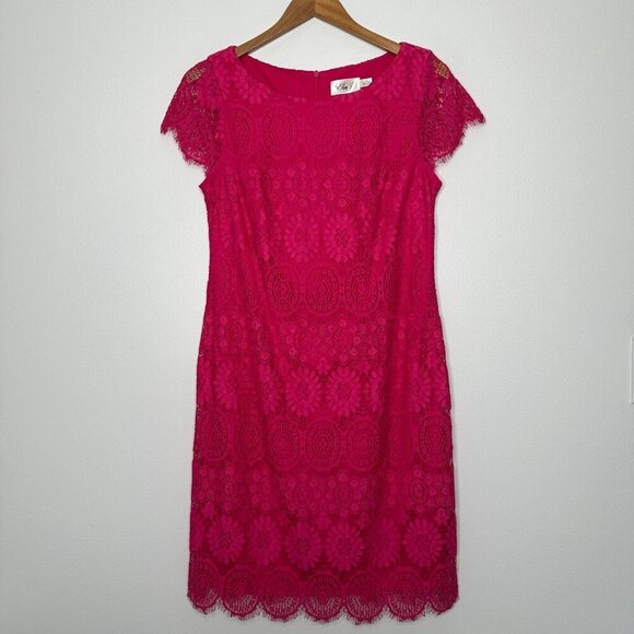Eliza J Lace Dress Size 10 Pink Scalloped Cap Sleeve Sheath Cocktail - Picture 1 of 11